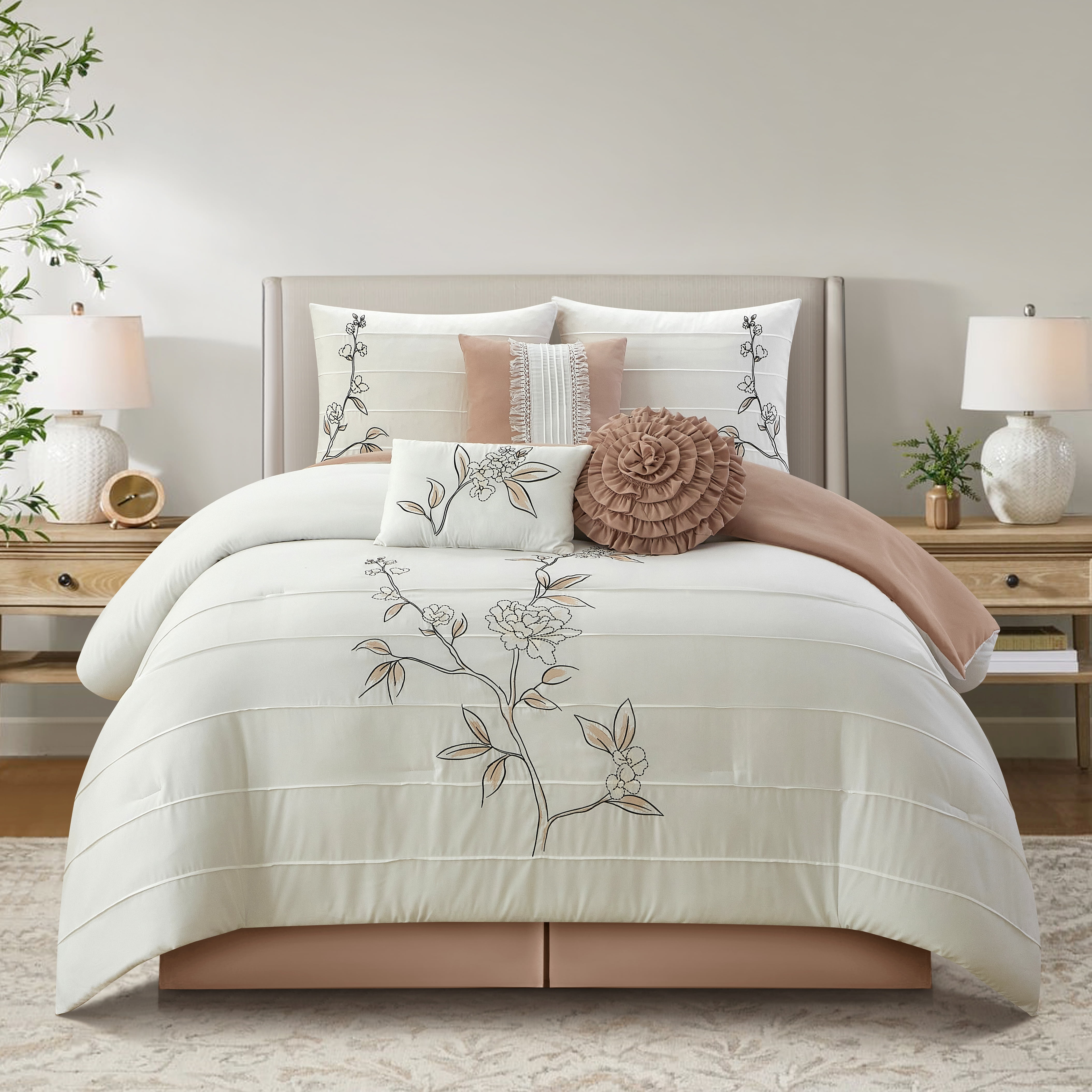 Elegant White and Blush Microfiber Queen Comforter Set with Floral Design