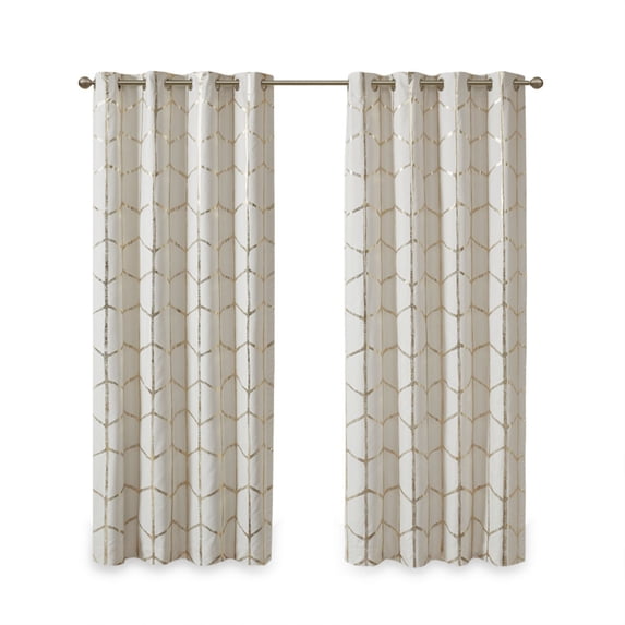 Raina Total Blackout Metallic Print Grommet Top Curtain Panel - Ivory/Gold Microfiber with 3-pass Liner for Enhanced Light Control and Style - Perfect for Home Decor