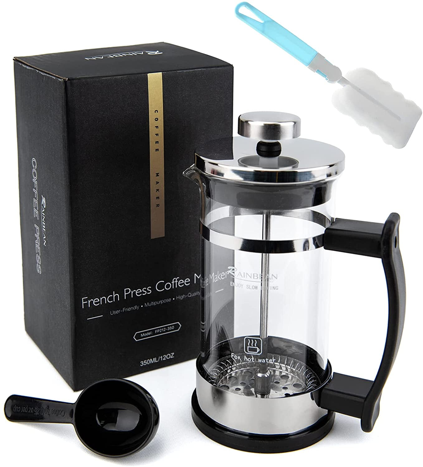 Rainbean Mini French Press Coffee Maker 12 oz , Small French Press 350 ml,  Camping Coffee Press, Heat Cold Coffee Brewer with Spoon and Brush (Luxury