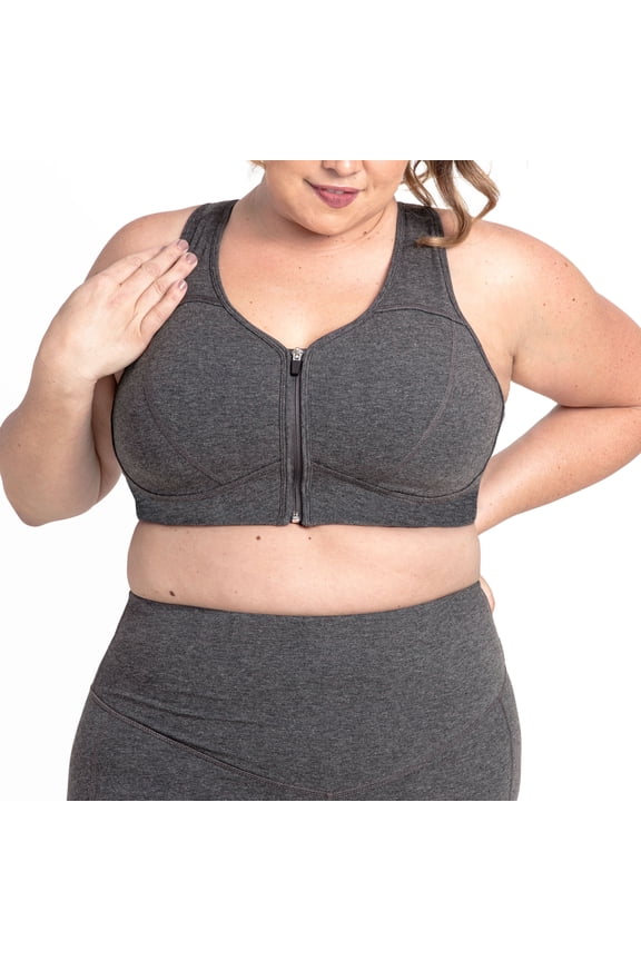 Plus Grace Front Zip Sport Bra, Grey 26/28
