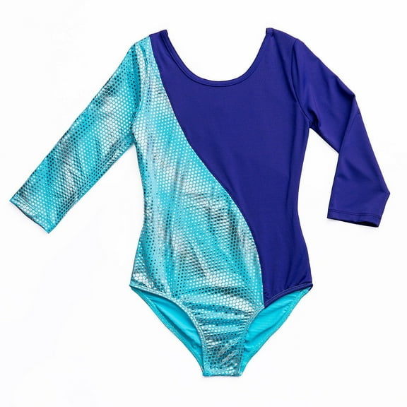 Rainbeau Moves Girls' Dance & Gymnastics Colorblock 3/4 Sleeve Foil Print Leotard, XS-XL