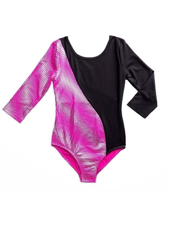 Girls' Dance & Gymnastics Colorblock 3/4 Sleeve Foil Print Leotard, XS-XL