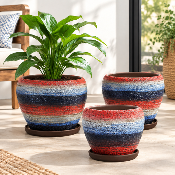 Rainbow 10+8+6 Inch Ceramic Indoor Plant Pots with Drainage and Saucers