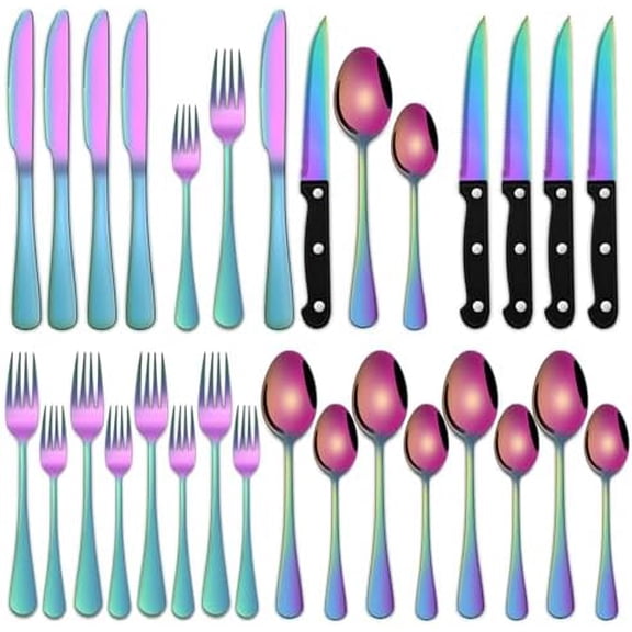 Rainbow 24 Pieces Stainless Steel Silverware Sets With Steak Knives Service For 4,Colorful Eating Utensils Set Includes Knife Spoon Fork For Kitchen Flatware Sets