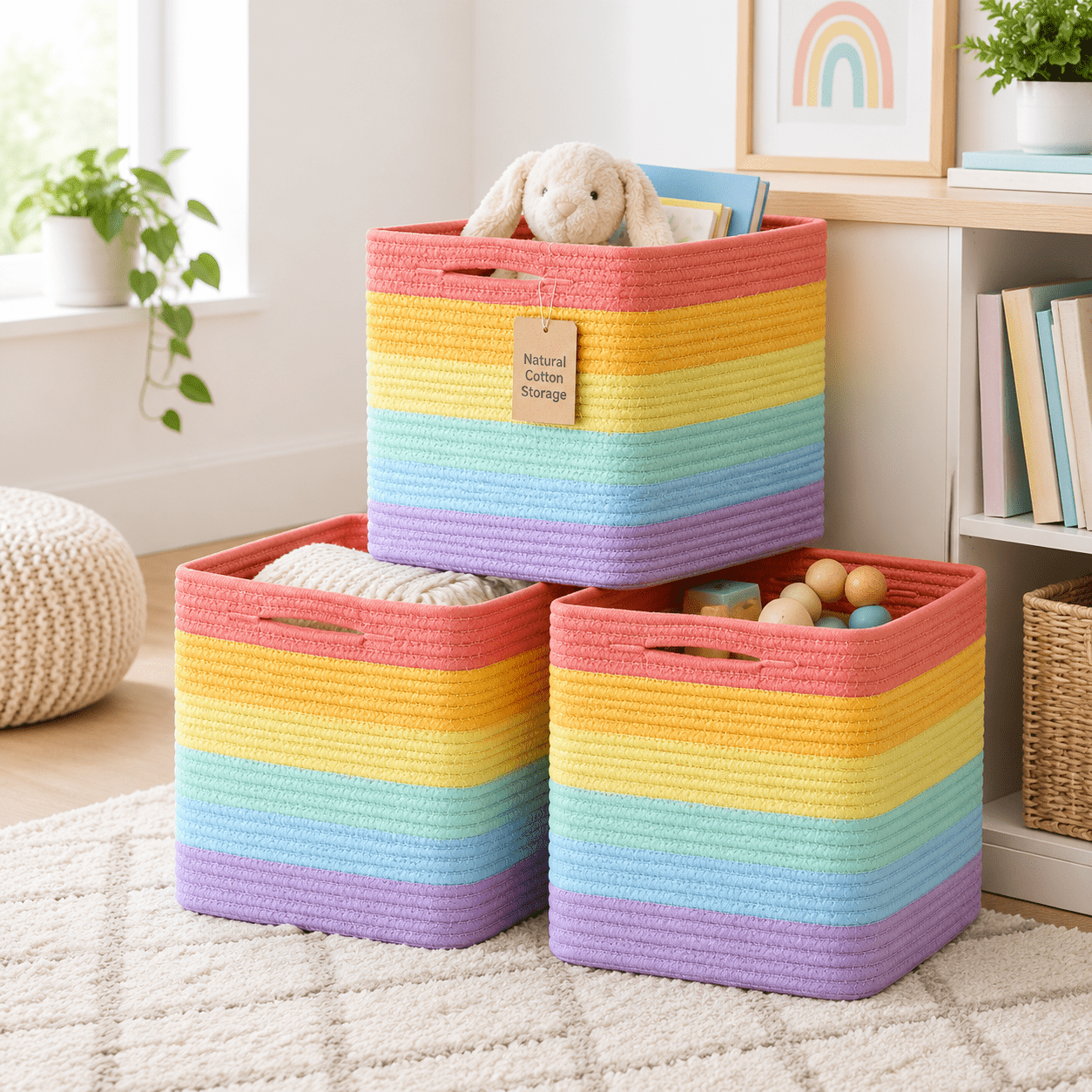 Rainbow 3-Pack Rope Woven Storage Baskets For Organizing Shelves Closet ...