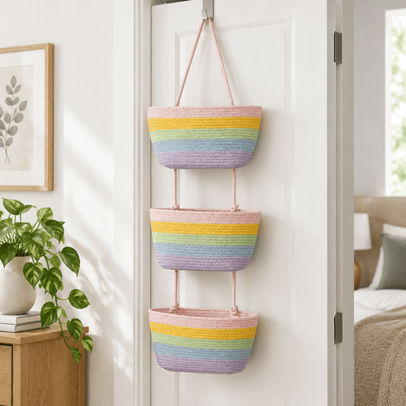 Rainbow 3-Tier Over The Door Woven Cotton Wall Hanging Storage Basket