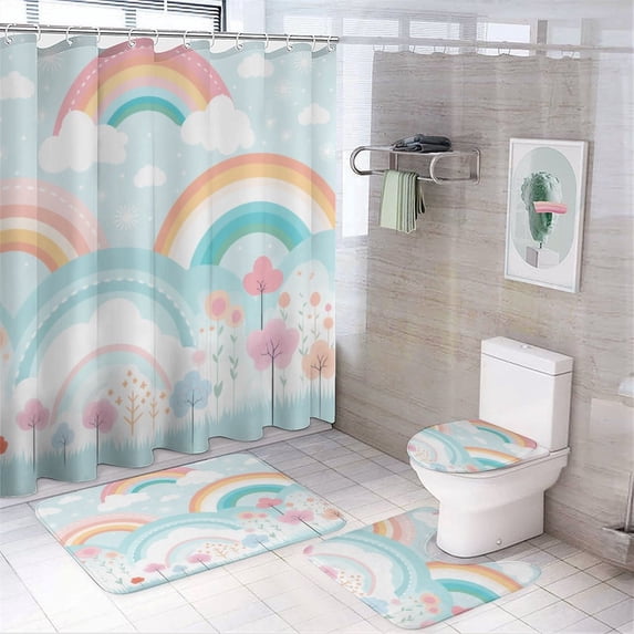 Rainbow 4 Pcs Shower Curtain Set with Rugs Include Waterproof Shower Curtain Non-Slip Rug Toilet Lid Cover Bath Mat Kids Boys Children Cartoon Cloud Waterproof Personality Pattern Bath Curtain