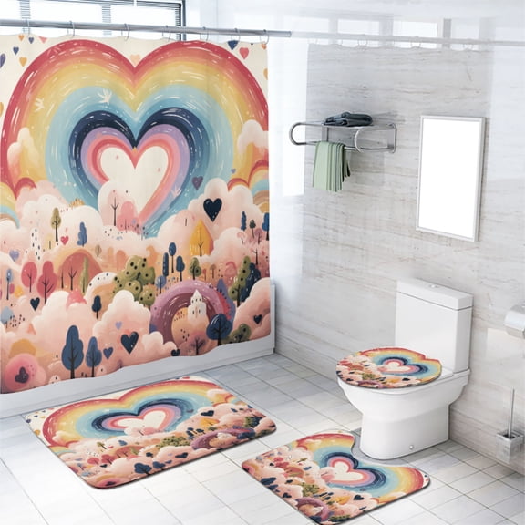 Rainbow 4 Pieces Shower Curtain Set with Non-Slip Rug Cartoon Colorful Love Heart Clouds Stars Tree with 12 Hooks, Bath Mat Set Bathroom Decor by Durable Waterproof Fabric, 72x72 Inch