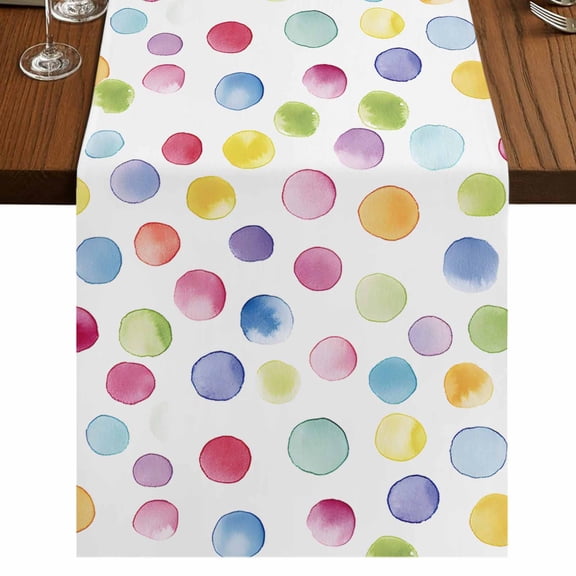 Rainbow 48 Inch Table Runner, Colorful Boho Tainted Pattern Polka Dot Modern Farmhouse Dresser Scarf Cotton & Linen Tablerunner for Dining/Kitchen Island/Holiday Party Décor 13" x 48"