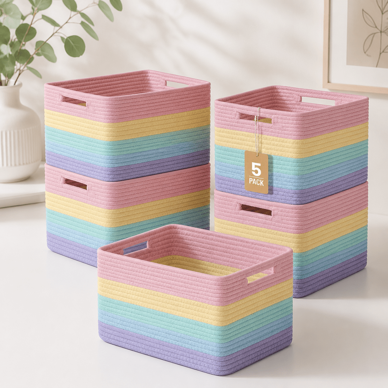Rainbow 5-Pack Woven Cotton Rope Storage Baskets for Organizing Home ...