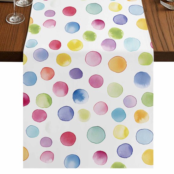 Rainbow 60 Inch Table Runner, Colorful Boho Tainted Pattern Polka Dot Modern Farmhouse Dresser Scarf Cotton & Linen Tablerunner for Dining/Kitchen Island/Holiday Party Décor 13" x 60"