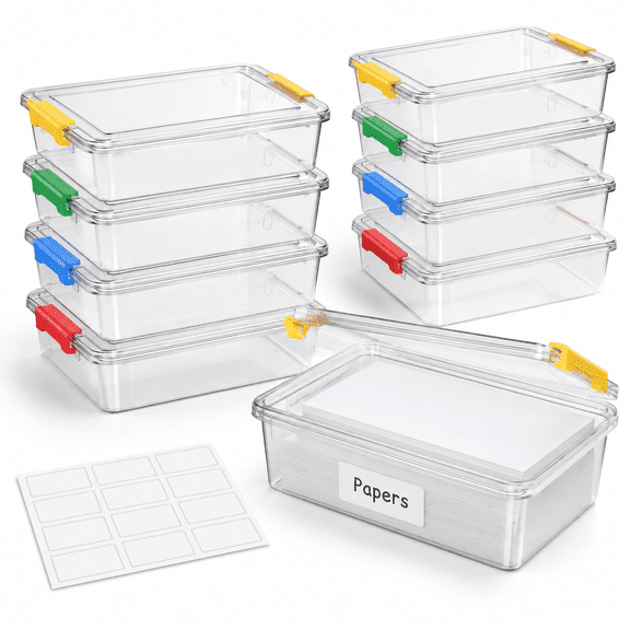 Rainbow 8-pack Clear Plastic Letter Size Paper Storage Bins with Lids