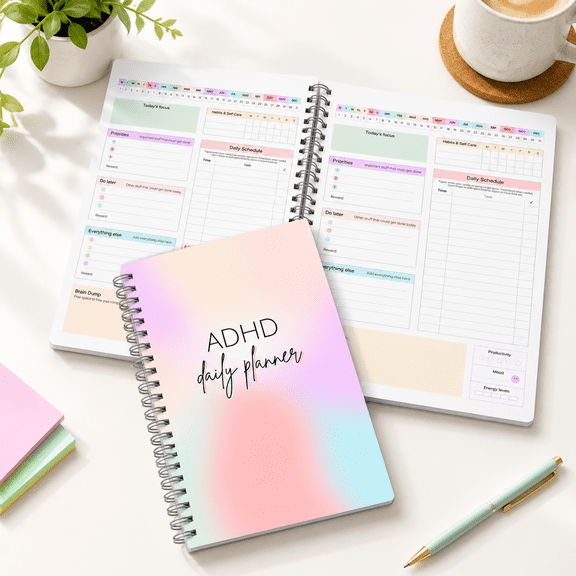 Rainbow A5 Undated Daily Planner for Neurodivergent Adults, Productivity Task Management Notebook