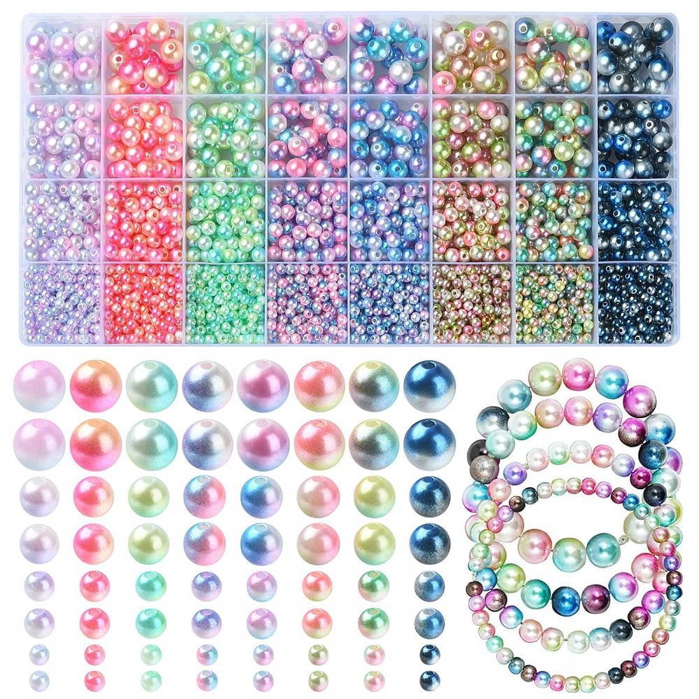 Rainbow ABS Plastic Imitation Pearl Beads Gradient Mermaid Pearl Beads Round Mixed color 4~10x3.5~9mm Hole: 1.2~1.6mm 2920pcs/box ABS Plastic