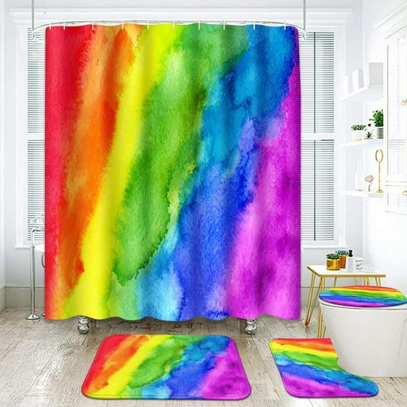 Rainbow Abstract Bathroom Set with Shower Curtain and Rugs Accessories, Rainbow Watercolor Colorful Red Orange Yellow Rainbow Shower Curtain for Bathroom Decor 4 Pcs