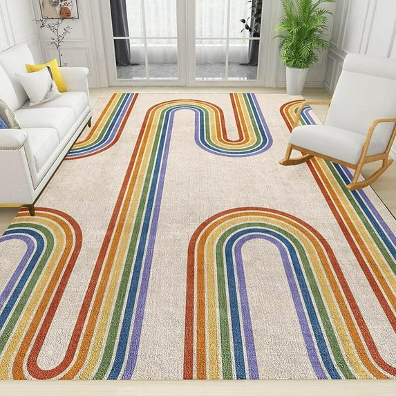 Rainbow Abstract Stripes Area Rug, Retro Medieval Boho Indoor Non-Slip Rugs For Room Sofa Living Room Mat Bedroom Home Decor Floor Mats 5x6ft