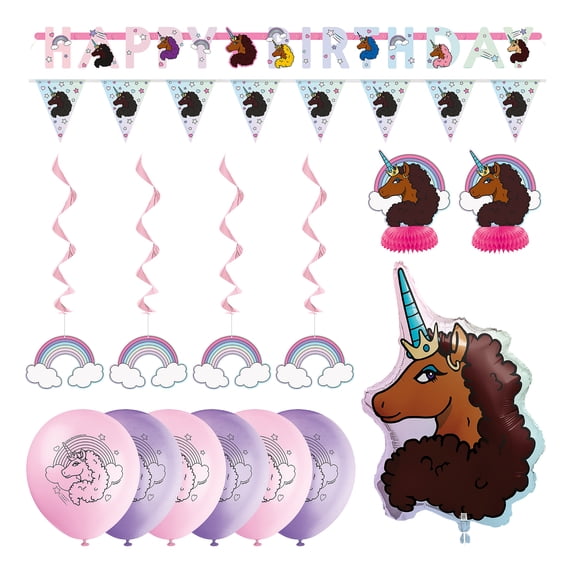 Rainbow Afro Unicorn Birthday Party Balloon and Paper Decoration Kit