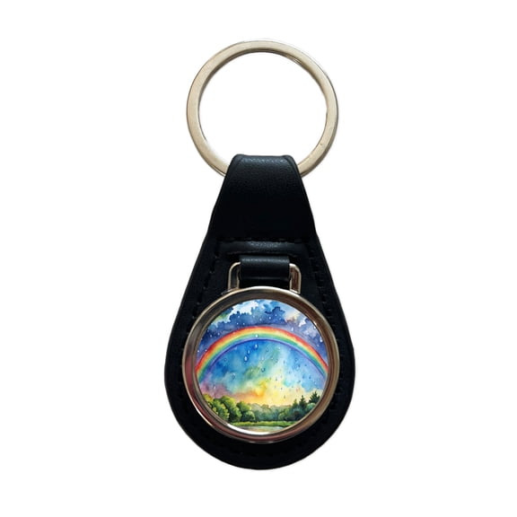 Rainbow After Rain Storm Watercolor Metal Black Leather Keychain