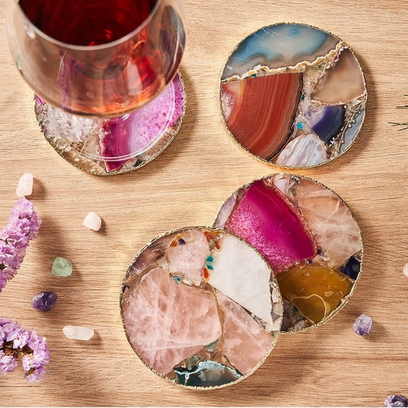 Rainbow Agate Coasters Set of 4, Natural Crystal for Drinks, Geode With Gold Edge, Agate Slice Stone for Coffee Table, Wooden Table, Home Decor