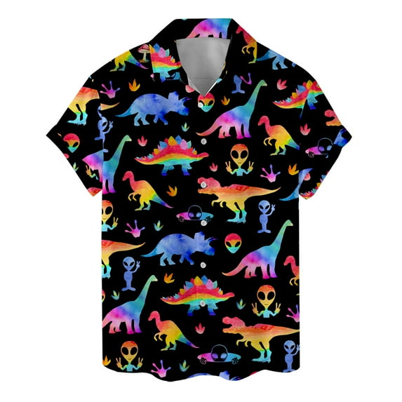 Rainbow Alien Dinosaur Hawaiian Shirt For Men Aliens Vintage Shirt Mens Hawaiian Shirts Short Sleeve Button Down Shirt Men