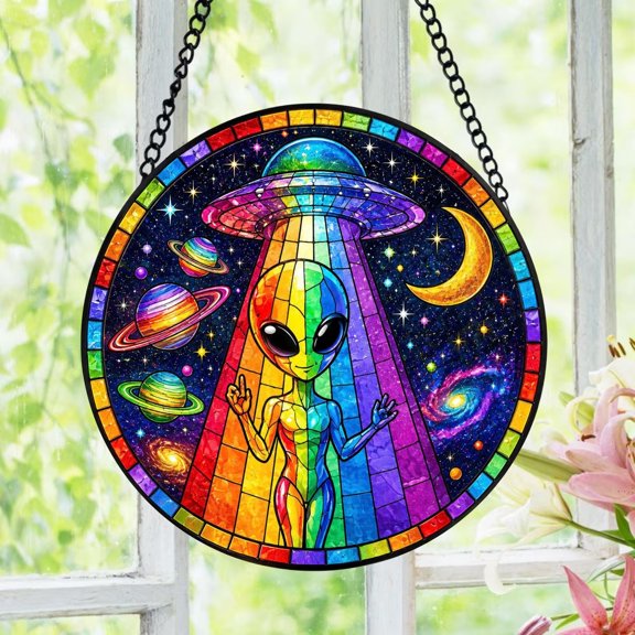 Rainbow Alien UFO Stained Glass Suncatcher, Pride Galaxy Window Hanging, Colorful Space Alien Decor, LGBTQ Sun Catcher Gift