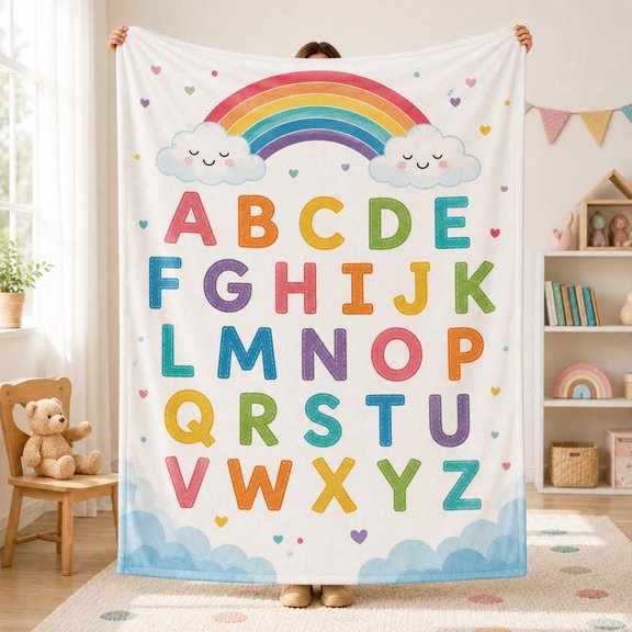 Rainbow Alphabet Flannel Blanket, Smiling Cloud Kids Bedding, Pastel Nursery Decor, ABC Learning Gift