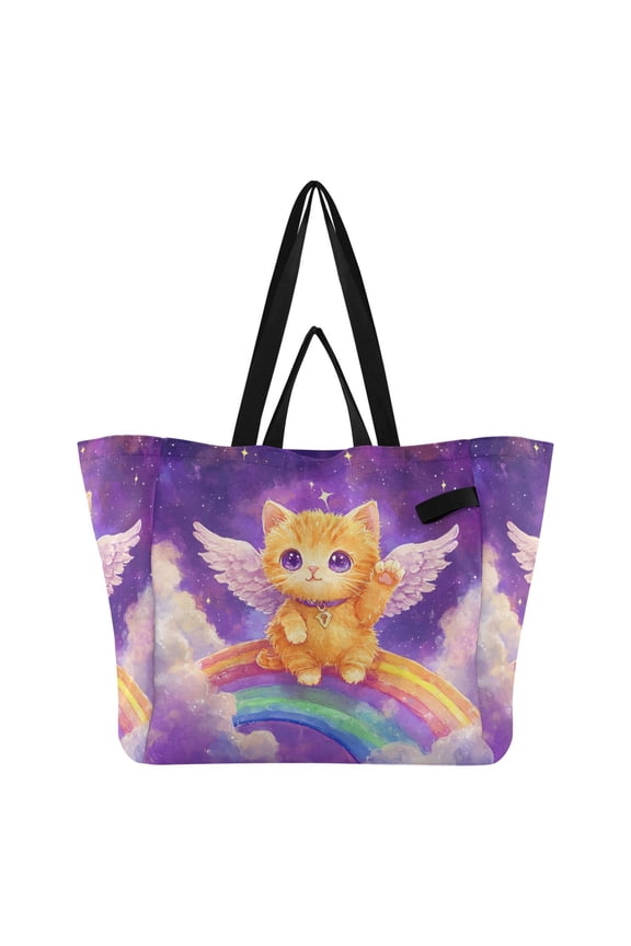 Rainbow Angel Cat Canvas Tote Bag Large Capacity Reusable Tote with Double Handles, Foldable Heavy Duty Shopping Beach Laundry Bag, 32L
