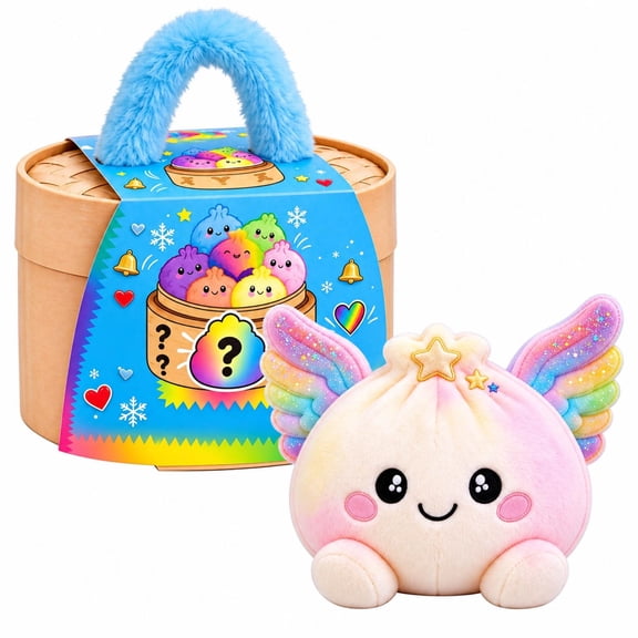Rainbow Angel Plush Dumpling Toy with Bamboo Steamer Basket, Cute Stuffed Bao Bun with Rainbow Wings, Soft Kawaii Squishy Fidget for Desk Decor, Christmas Holiday Gift for Adults