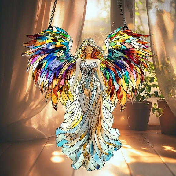 Rainbow Angel Wavy Acrylic Suncatcher - Faux Wavy Acrylic Window Hanging Spiritual Decor With Colorful Wings For Light-Filled Homes