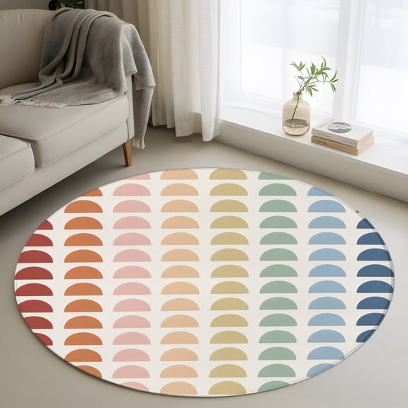 Rainbow Arcs 3FT Round Area Rugs Boho Layered Arcs Multicolor Semicircles Red Teal Blue Soft Small Round Rug Non-Slip, Ultra-Thin Circle Carpet for Bedroom Entryway Kitchen Bathroom