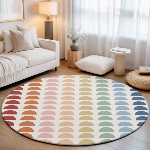 Rainbow Arcs 7' Round Rug for Living Room Conversation Area, Boho Layered Arcs Multicolor Semicircles Red Teal Blue Washable Non Slip Large Circle Area Rug