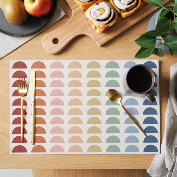 Rainbow Arcs Placemats Set of 1, Boho Layered Arcs Multicolor Semicircles Red Teal Blue Non-Slip Place Mats Washable Table Mats for Kitchen Dining Table Decorations Indoor/Outdoor