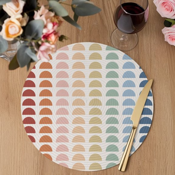 Rainbow Arcs Round Braided Placemats Set of 4, Boho Layered Arcs Multicolor Semicircles Red Teal Blue Heat Insulation Place Mats Washable Non-Slip Table Mats for Kitchen Dining Party, 13 Inches