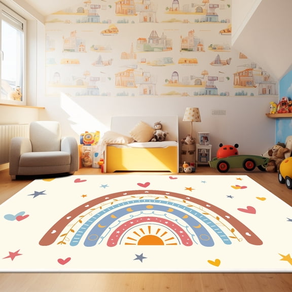 Rainbow Area Rug 4x6 for Living Room and Bedroom Girls, Washable Rug with Non-Slip Backing Soft Colorful Rainbow Floor Rug Area Rug Carpet for Room Girls Kids Nursery (Brown, 5 X 6.6ft)