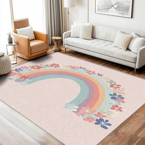 Rainbow Area Rugs, Pink Floral Cartoon Pattern Carpet, Washable Non Slip Low Pile Soft Rug for Living Room Bedroom Decor Mat 4x6ft