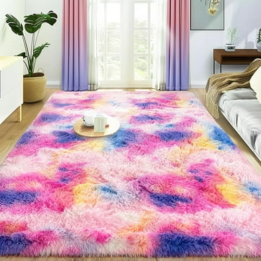 Rainbow Area Rugs for Girls Room 3x5 Feet, Fluffy Cute Colorful Princess Carpet for Kids Teens Nursery Toddler, Bedroom Hot Pink