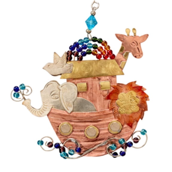 Rainbow Ark with Animals Metal Christmas Ornament 4.5 Inch Fair Trade Multicolor
