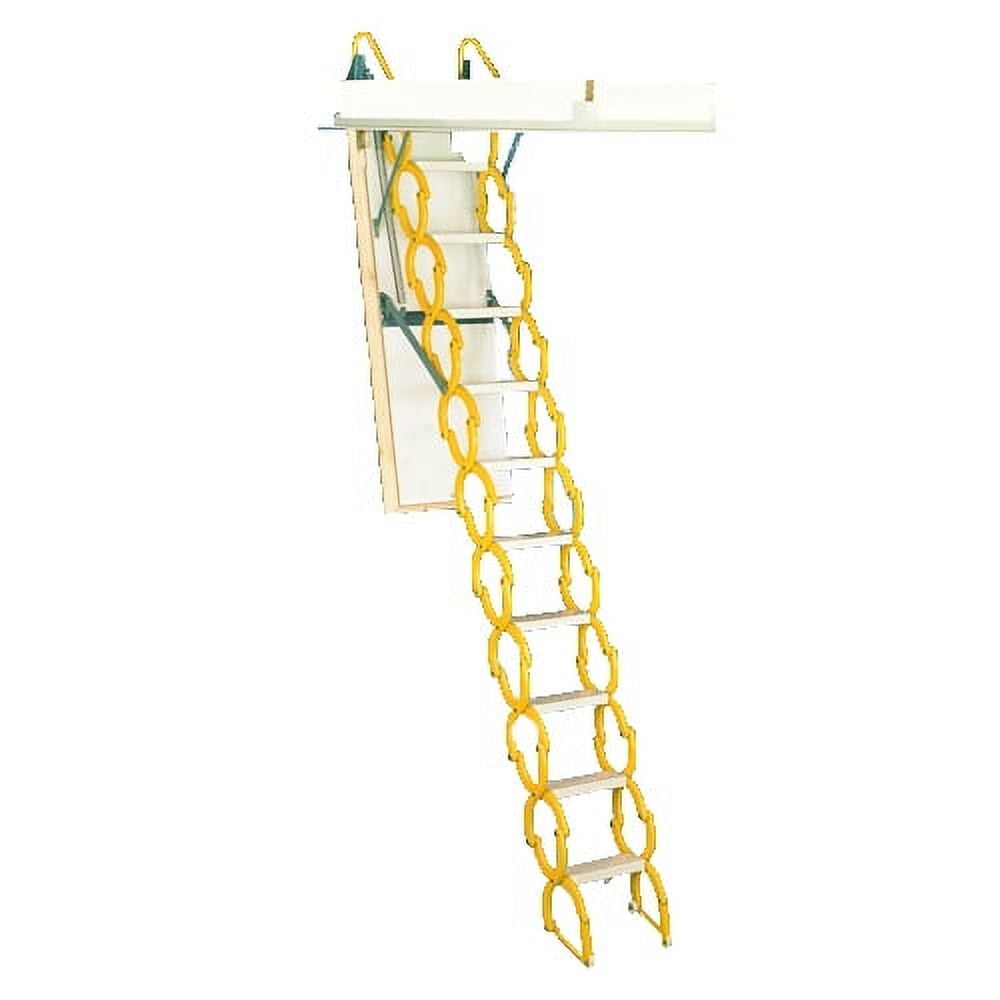 Yellow Powder-Coated Steel Telescoping Attic Ladder with Handrail