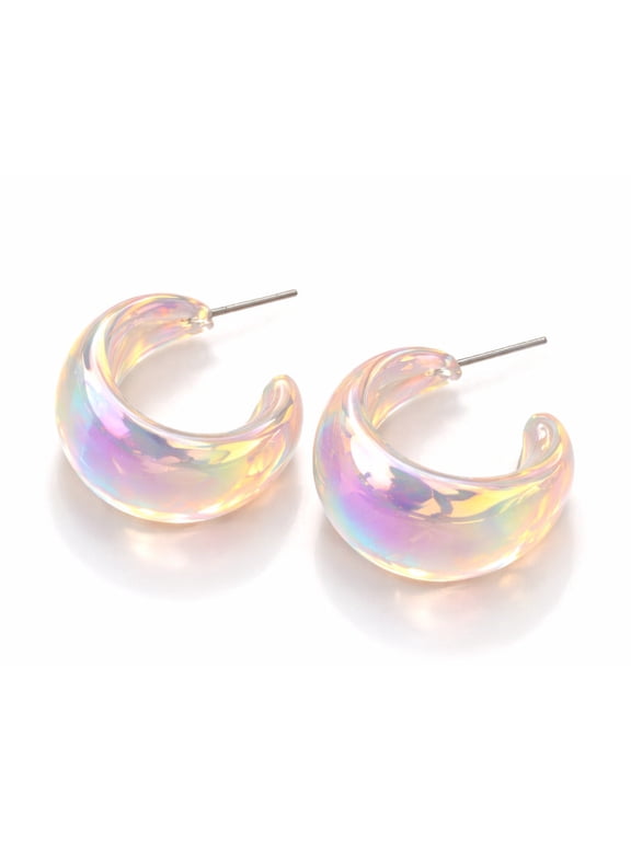 Iridescent Hoop Earrings for Women – Lightweight Translucent Acrylic C Hoop Earrings, Holographic Statement Fashion Jewelry