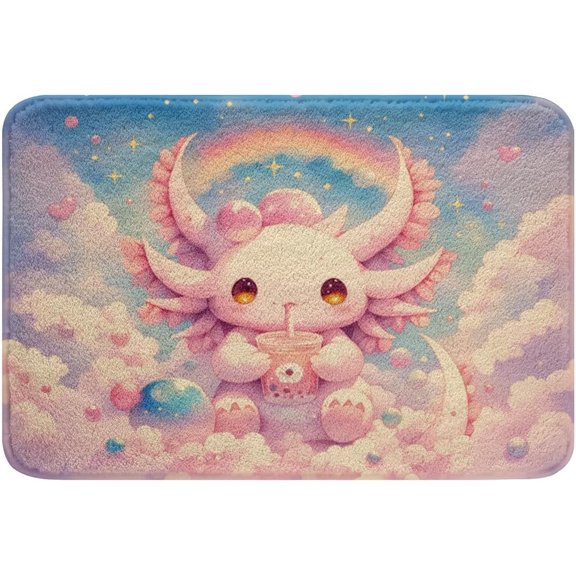 Rainbow Axolotl Bathroom Rug Non Slip Cute Salamander Bath Mat With Pearl Milk Tea And Starry Sky Design 16 x 24 Inch