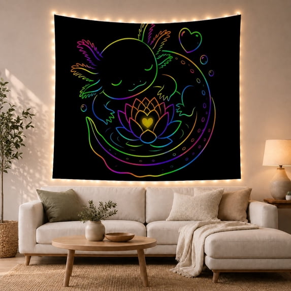 Rainbow Axolotl Above a Heart Lotus with Bubbles, Serene Digital Art for Animal Lovers, Meditation Space Decor, Housewarming Gift, Tapestry Wall Hanging for Bedroom and Studio