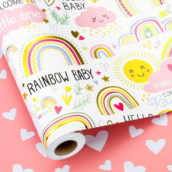 Rainbow Baby Shower Wrapping Paper, Cute Baby Girl Wrapping Paper, Metallic Foil Sun & Cloud Pattern Welcome Newborn Gift Wrap for 1st Birthday, Children Party (17Inch x 33Feet)