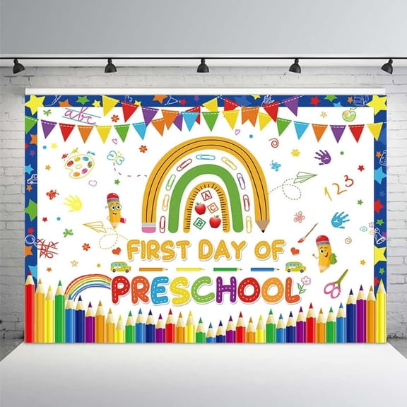 Rainbow Back to School Backdrop First Day of Preschool Party Decorations Banner Supplies Students Pencil Rainbow Classroom Photography Background Studio Props