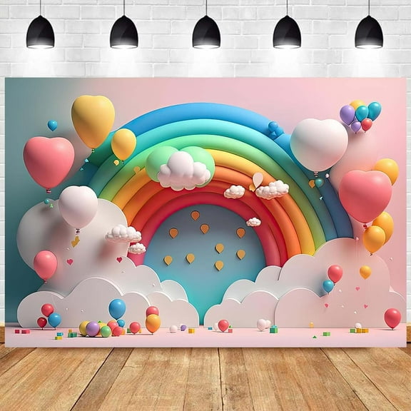 Rainbow Backdrop Colorful Rainbow Cloud Balloon Photography Background Pink Sky Clouds Girl 1st Birthday Party Backdrop Kids Girls Birthday Baby Shower Party Cake Table Banner