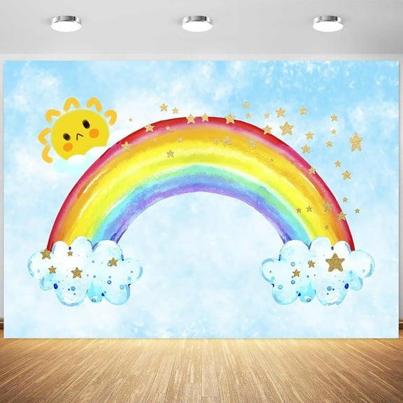 Rainbow Backdrop Colorful Rainbow on Cloud Gold Stars Photography Background Watercolor Kids Birthday Party Banner Decorations Cake Table Supplies Photo Booth Props