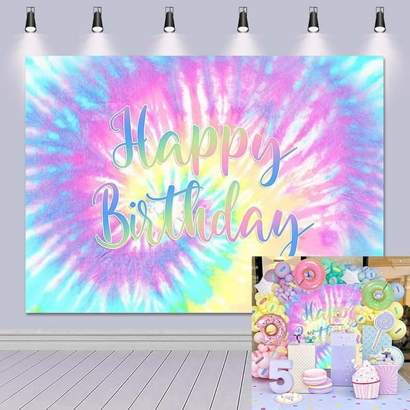 Rainbow Backdrop for Happy Birthday 7X5FT Macaron Pastel Colorful Birthday Photography Background Tie Dye Theme Party Supplies Children Women Girls Sweet 16th Birthday Cake Table Decoration Banner