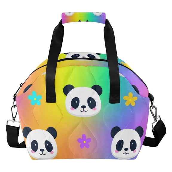Rainbow Background Cute Panda Faces with Flowers Insulated Lunch Bag Reusable Quilted Lunch Box Waterproof Leakproof Lunch Container