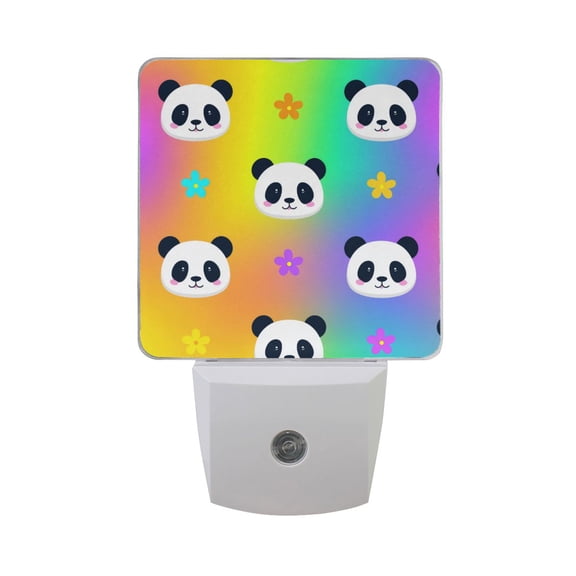 Rainbow Background Cute Panda Faces with Flowers LED Night Light Sensor Lamp Plug-in Adjustable Brightness 2 Pack