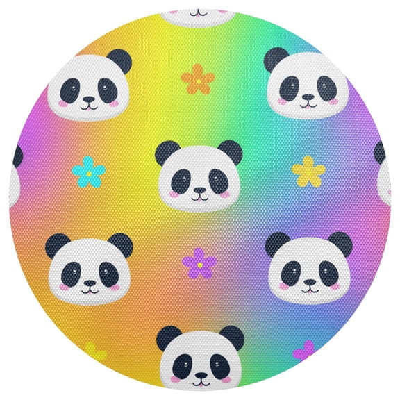 Rainbow Background Cute Panda Faces with Flowers PVC Round Grid Placemat Table Mat 1 Pc 15.4" x 15.4"
