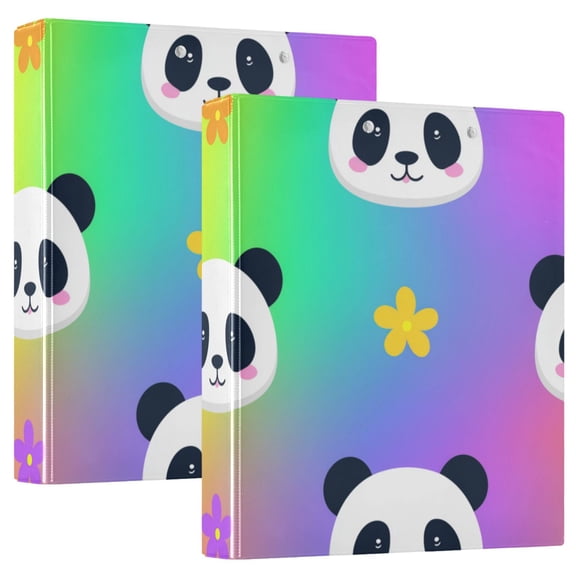 Rainbow Background Cute Panda Faces with Flowers Round Ring Binder 3 Rings 1.5" Capacity File Storage for A4 Size 2 Pack